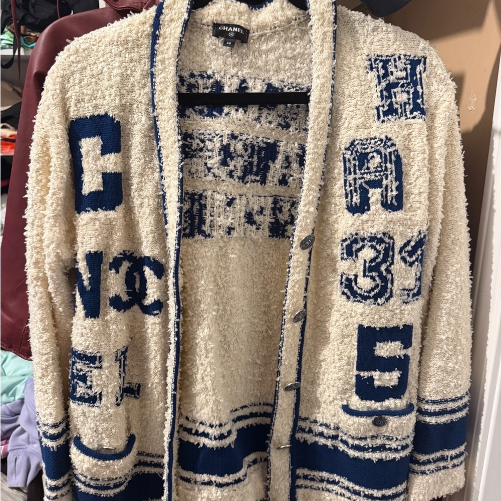 Chanel Cream and Blue Textured Cardigan